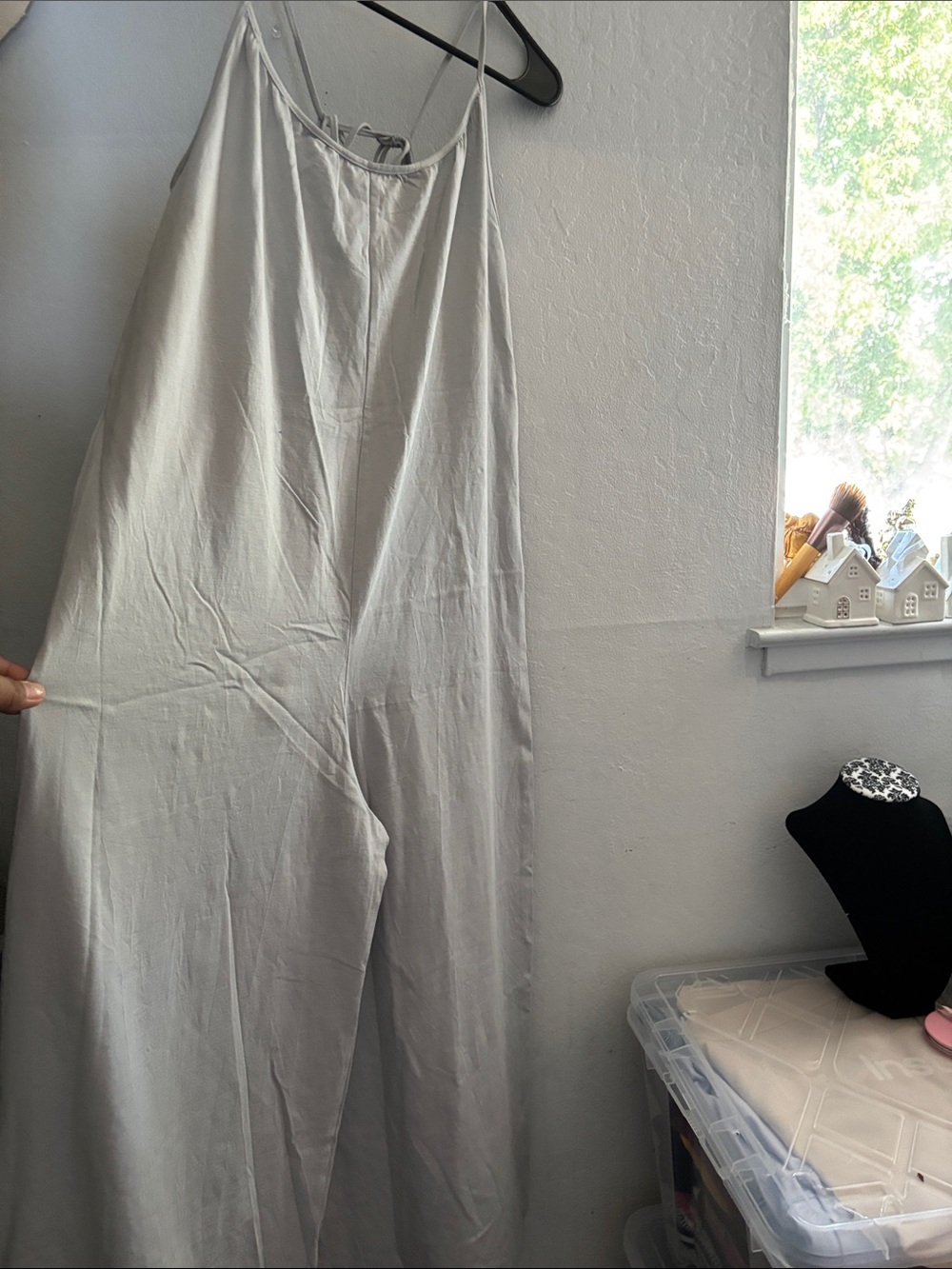 Zara Light Gray Spaghetti-Strap Wide-Leg Jumpsuit